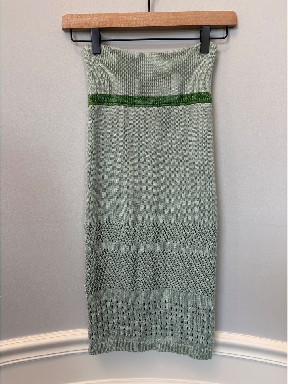 LIN Edition Exclusive Mint Green Metallic Lurex Pointelle Knit Midi Skirt Small